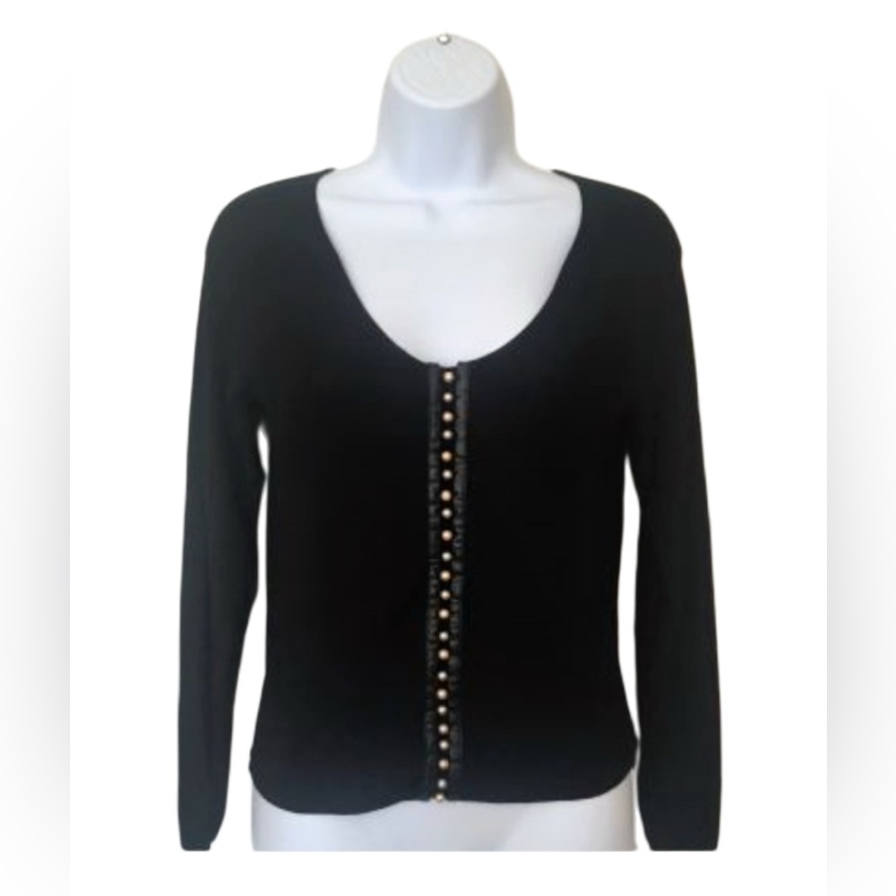 Carlisle Black Scoop Neck Fine Gauge Sweater w/ Pearl Button Embellishment